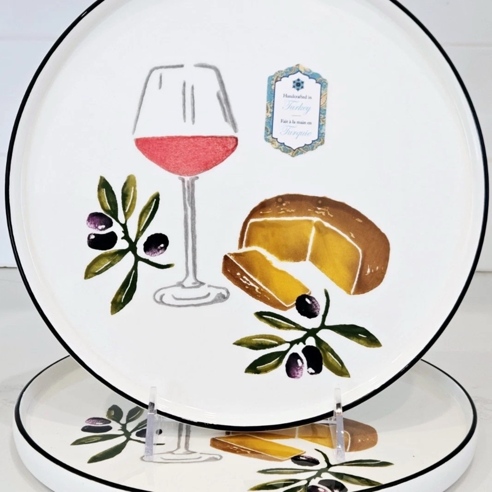 2 Papart Seramik Turkey Hand Painted Wine Cheese Plates 9 3/4” NEW
